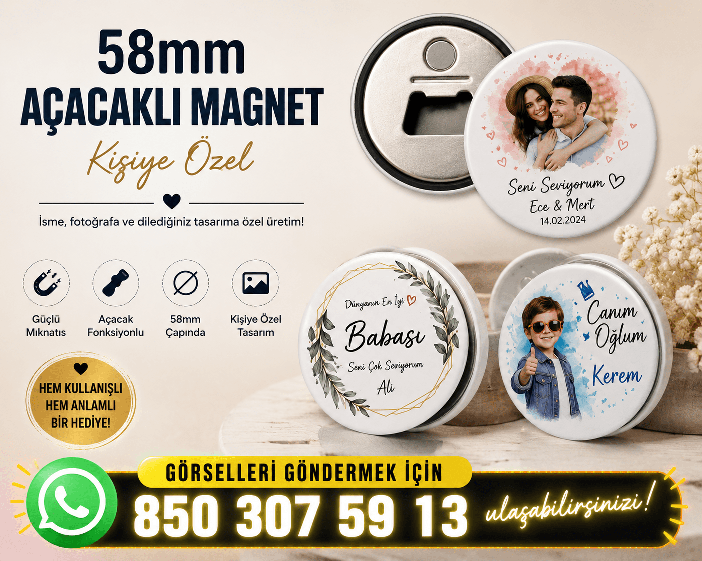 25'li Fotoğraflı Magnetli Şişe Açacağı - Kişiye Özel Nikah, Doğum Günü, Bebek Hediyeliği - Görsel 4