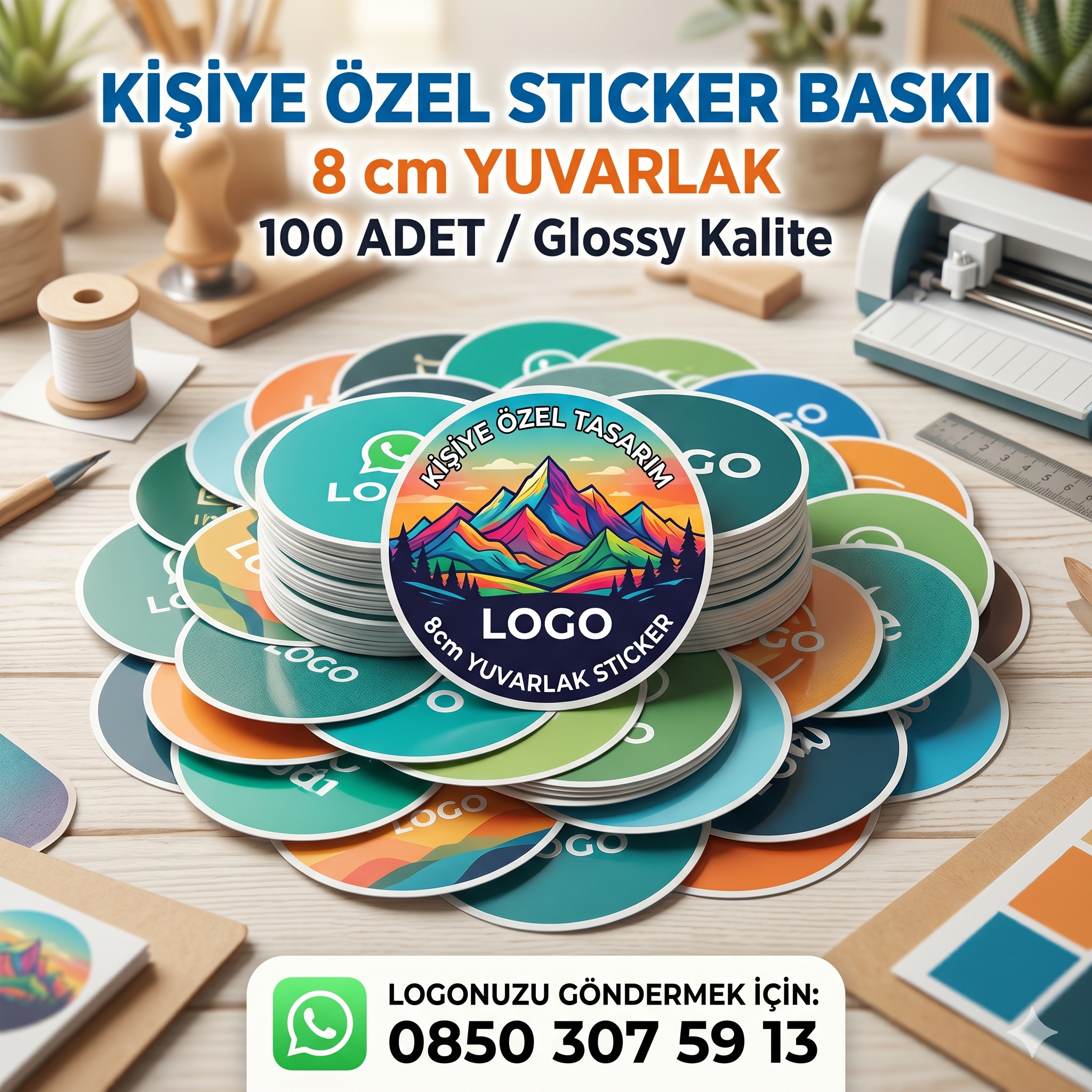 100 Adet Kişiye Özel Teşekkür Sticker 8 cm – Yuvarlak Parlak Baskı Paketleme Etiketi - Görsel 3