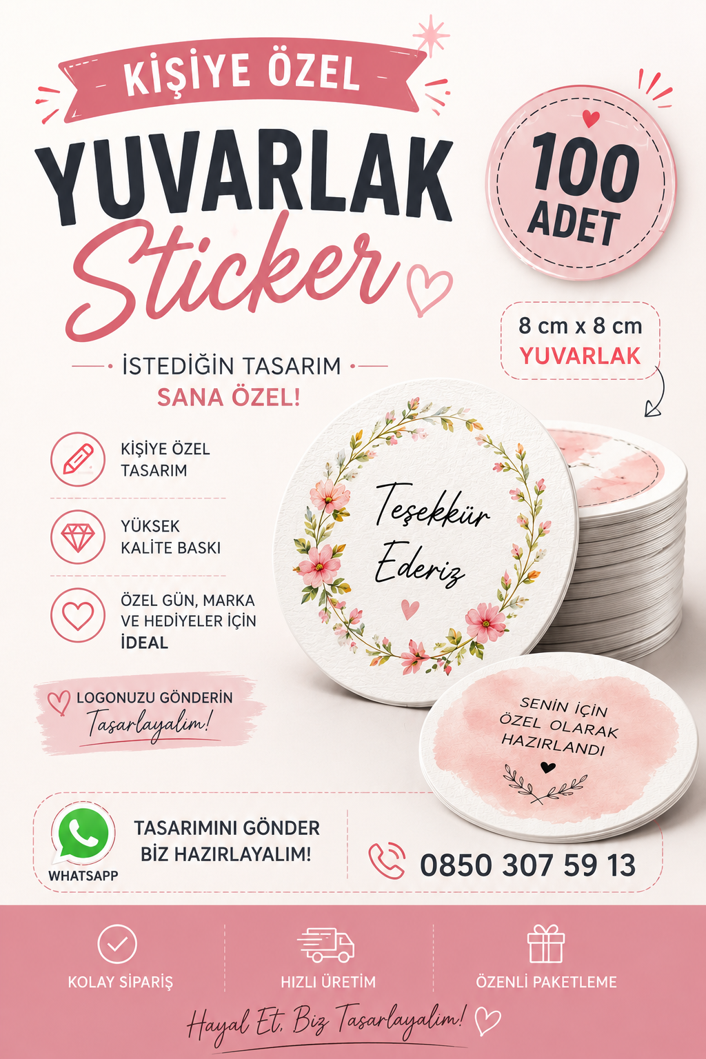 100 Adet Kişiye Özel Teşekkür Sticker 8 cm – Yuvarlak Parlak Baskı Paketleme Etiketi